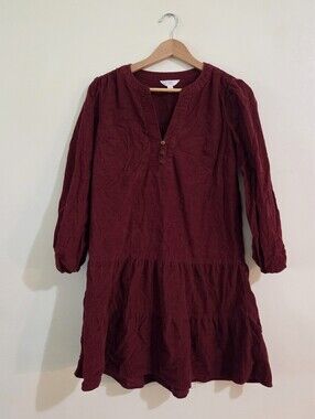Burgundy Long-Sleeve Tiered Babydoll Dress
